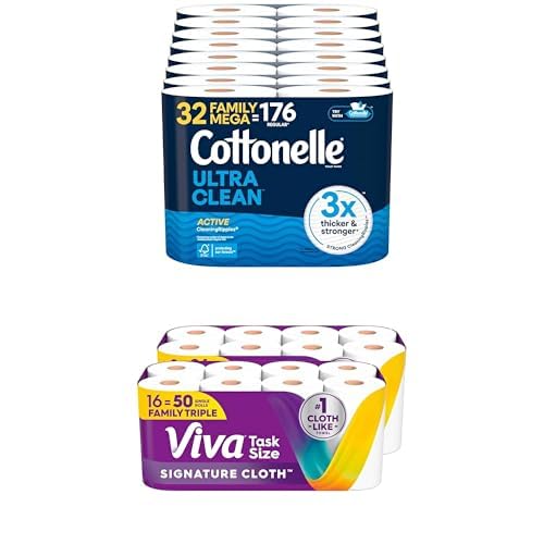 Cottonelle Ultra Clean Toilet Paper 32 Family Mega Rolls and Viva Signature Cloth Paper Towels 16 Family Triple Rolls B218678
