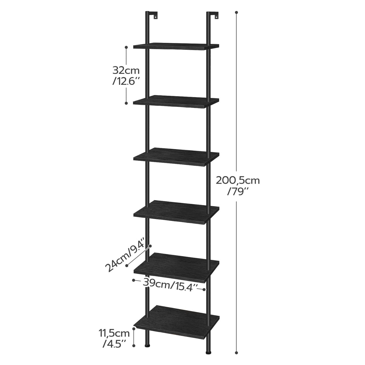 Black 6-Tier Wooden Wall Mounted Ladder Shelf G31106