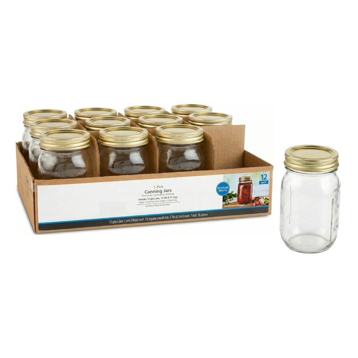 16 oz Regular Mouth Glass Mason Jars 12pk B45588