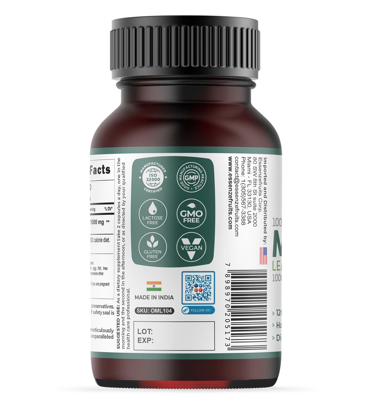 Moringa Capsules 120 Vegan Caps 1000mg Leaf Powder L21004