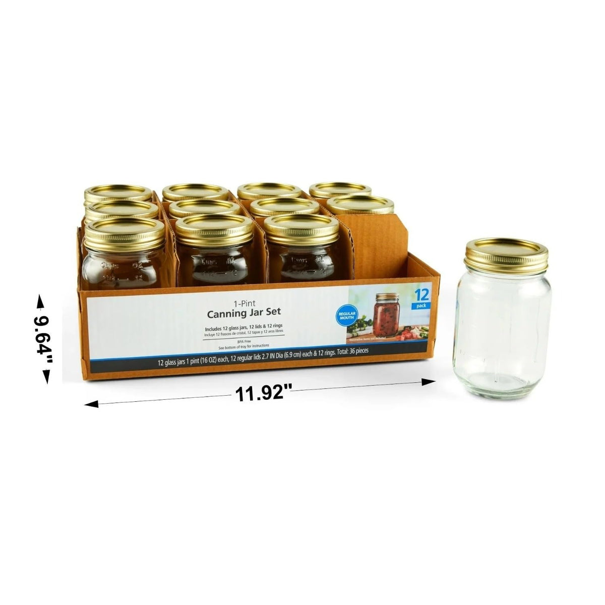 16 oz Regular Mouth Glass Mason Jars 12pk B45588