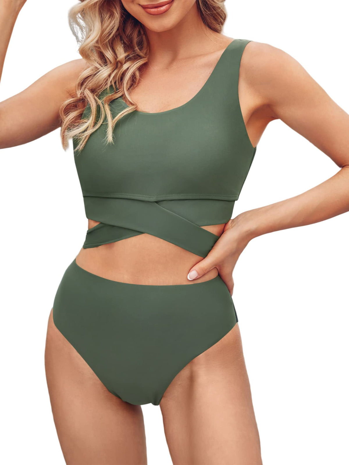 Scoop Neck High Waisted Two Piece Bikini Set I19503