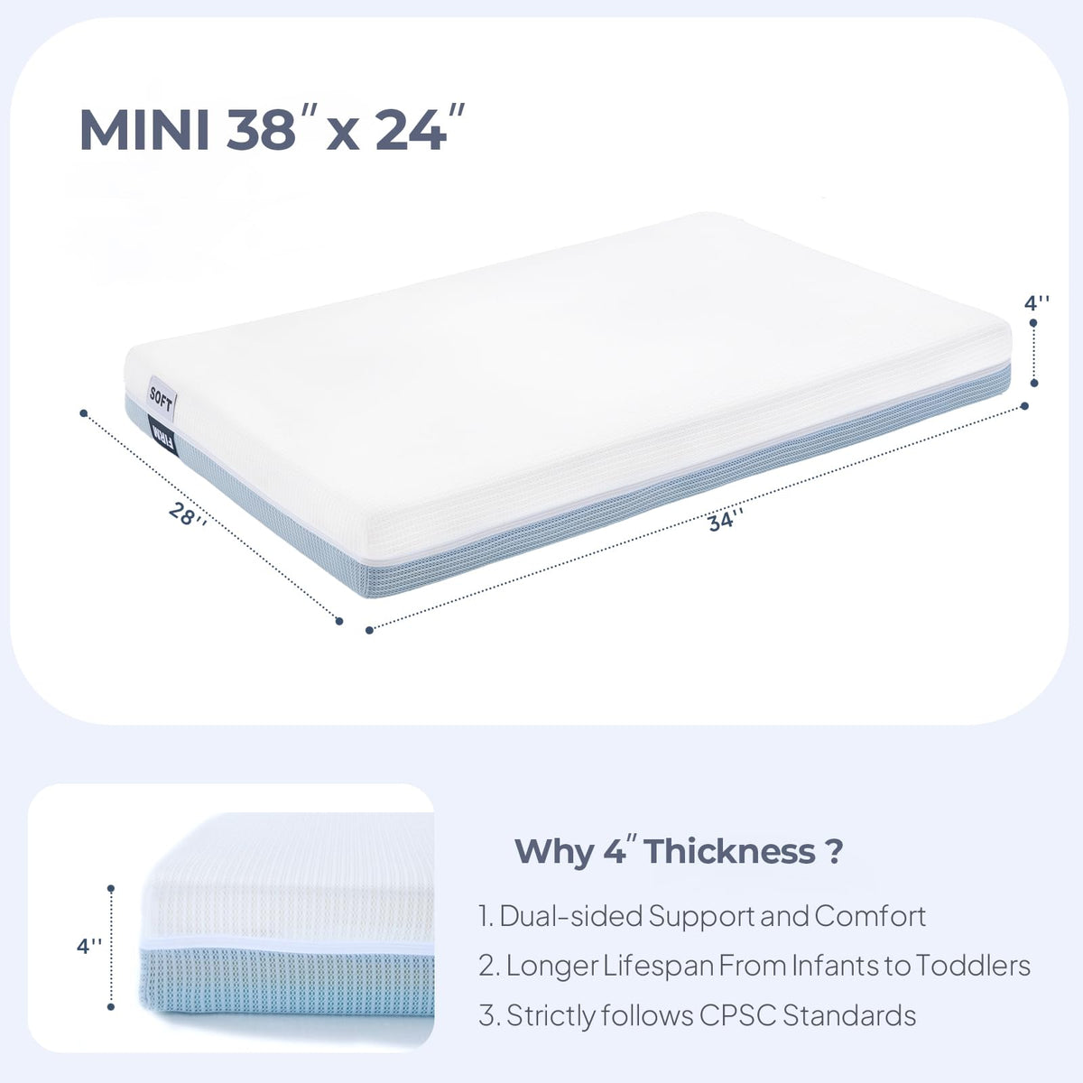 2-Sided Mini Crib Mattress 38"x24"x4" G4551
