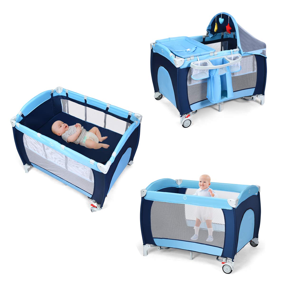 4-in-1 Portable Baby Playard with Bassinet and Changing Table A39028