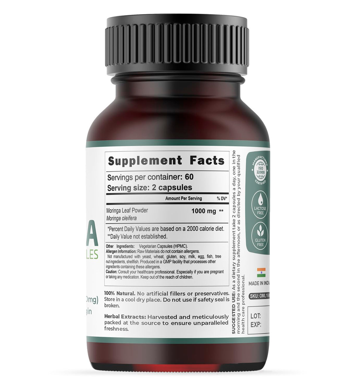 Moringa Capsules 120 Vegan Caps 1000mg Leaf Powder L21004