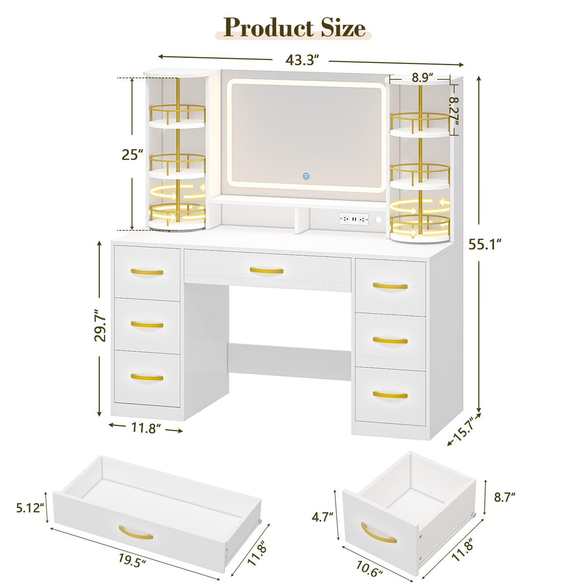 Vanity Desk with Mirror and Lights, 7 Drawers K58801