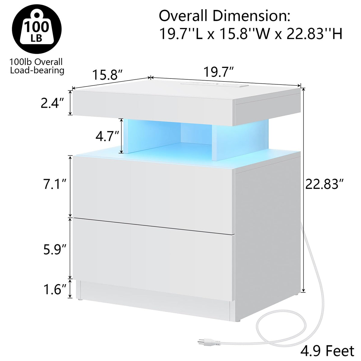 White High Gloss 2 Drawer Nightstand with LED Light G4738