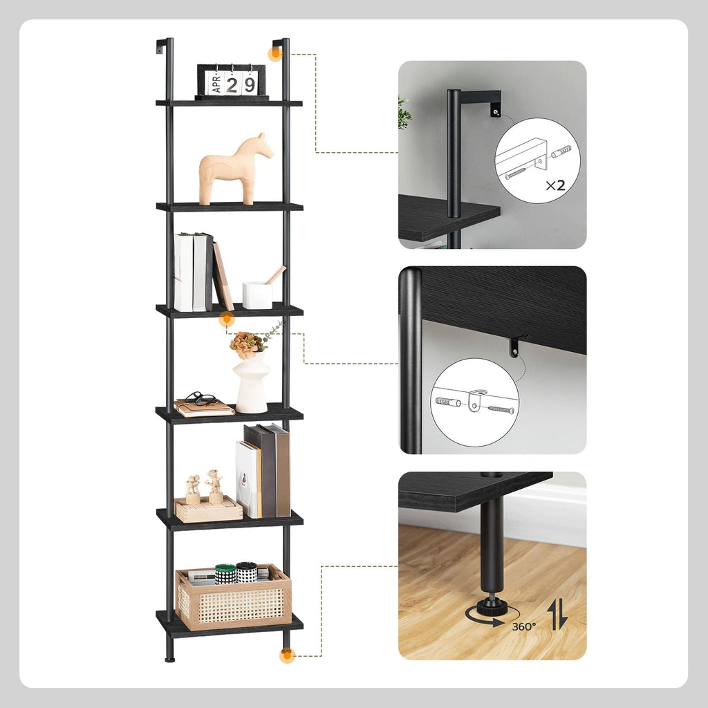 Black 6-Tier Wooden Wall Mounted Ladder Shelf G31106