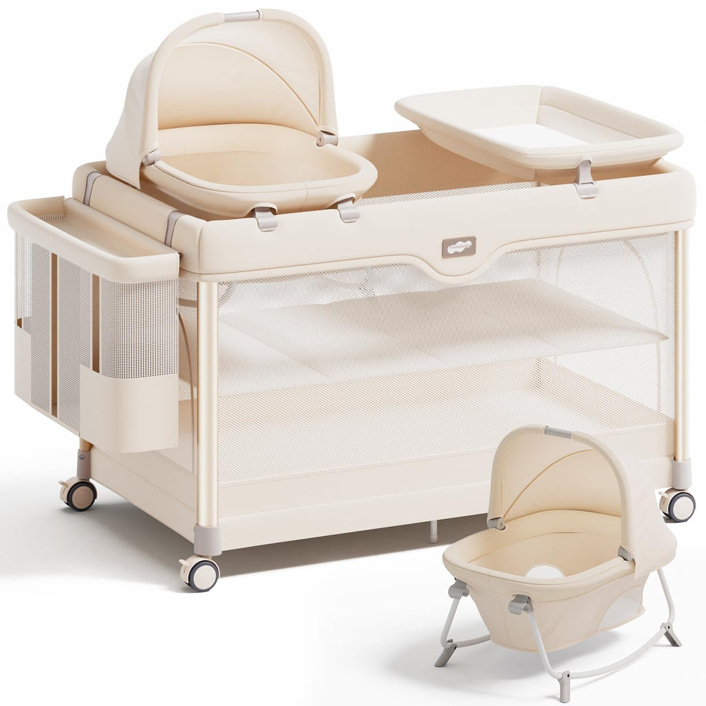 6-in-1 Pack and Play with Bassinet, Portable Playard, Travel Crib with Mattress, Changing Table, Storage Bag & 4 Wheels (Beige) B6871