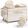6-in-1 Pack and Play with Bassinet, Portable Playard, Travel Crib with Mattress, Changing Table, Storage Bag & 4 Wheels (Beige) B6871