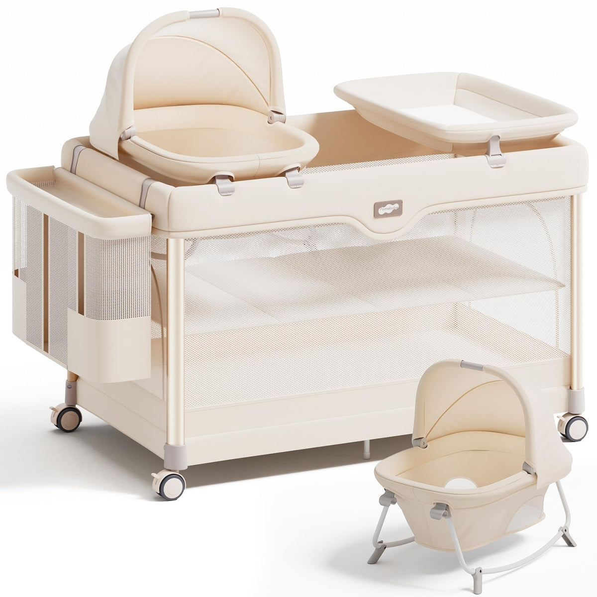 6-in-1 Pack and Play with Bassinet, Portable Playard, Travel Crib with Mattress, Changing Table, Storage Bag & 4 Wheels (Beige) B6871