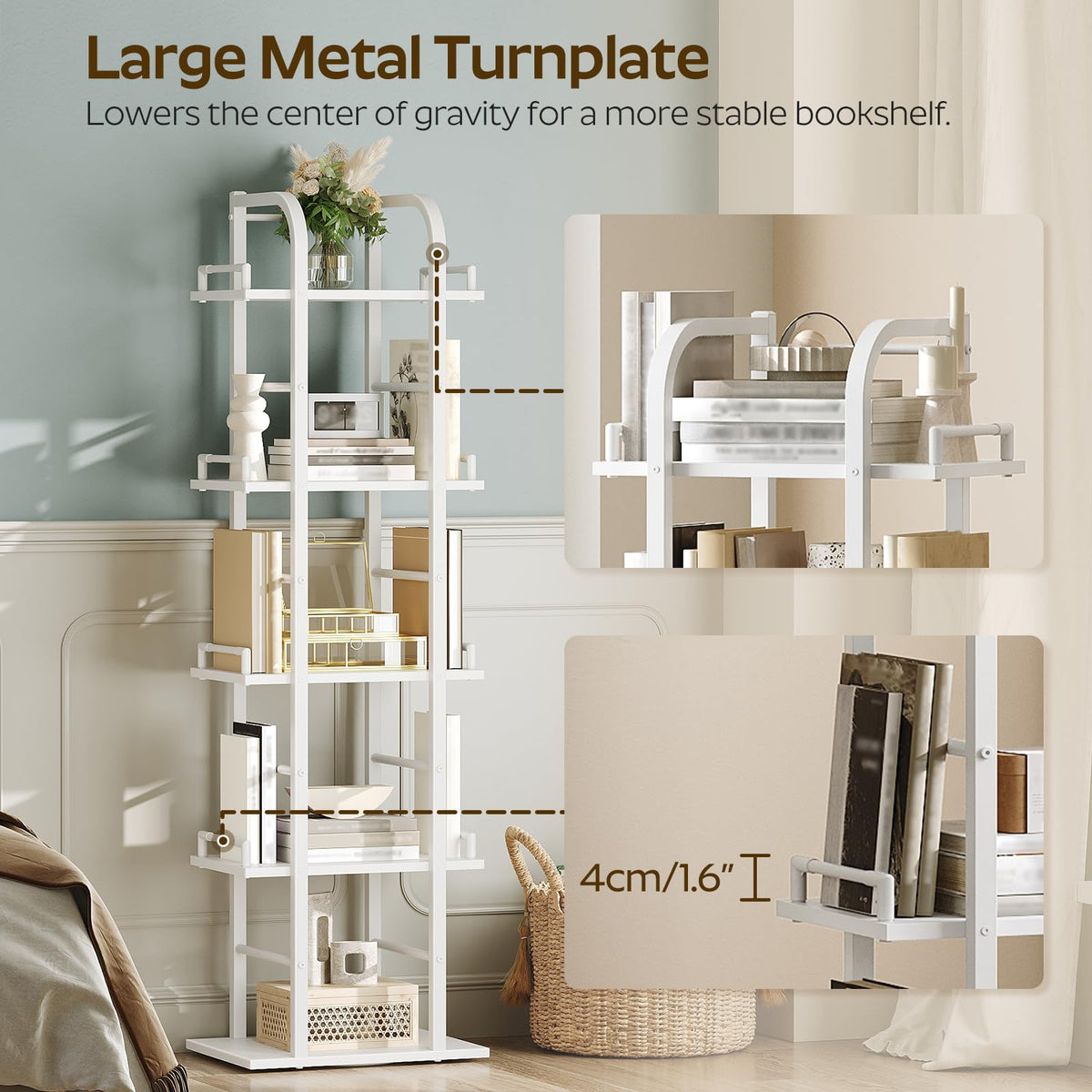 5 Tier Rotating Corner Bookshelf White Y33624