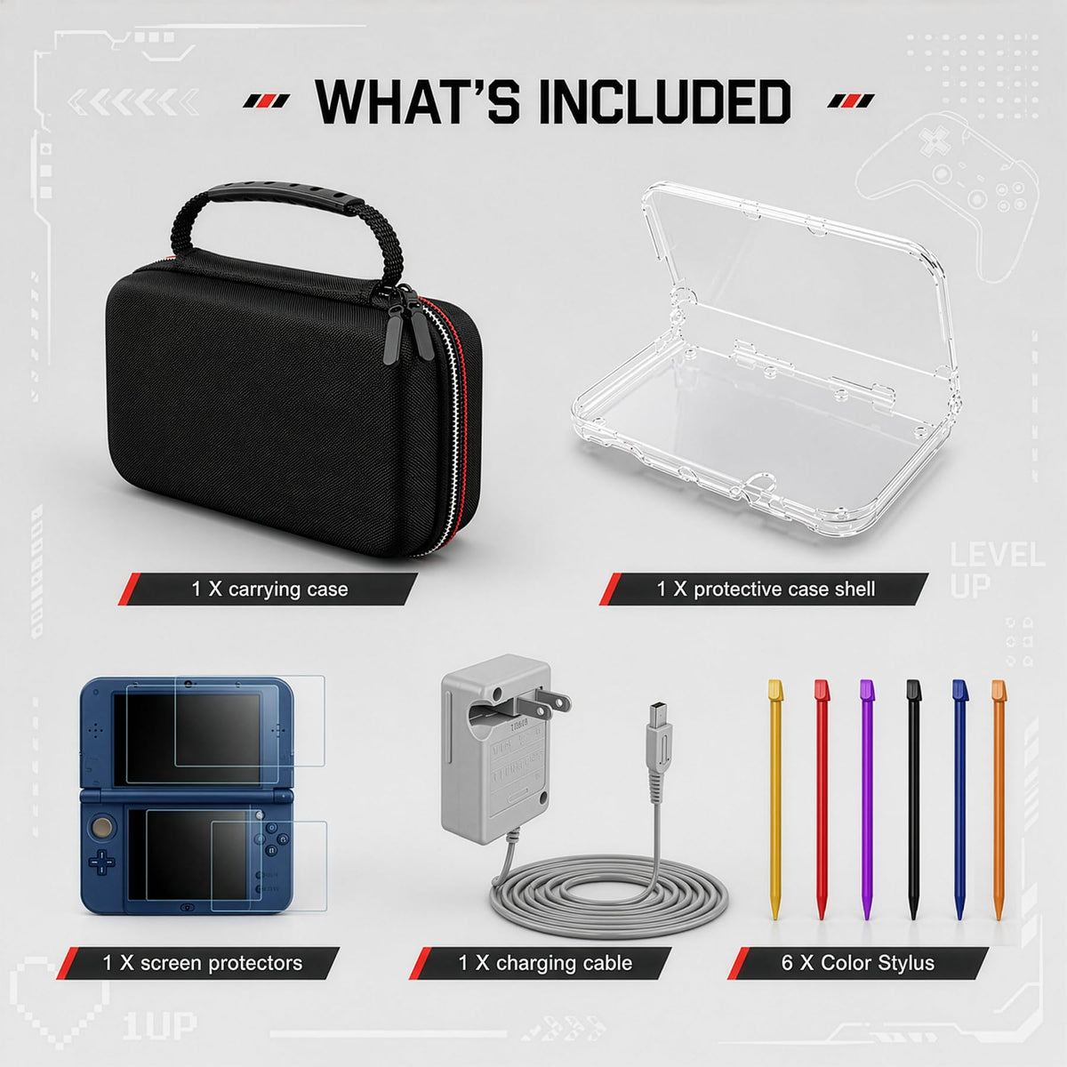 Carrying Case for New 3DS XL LL with Hard Shell and Charging Cable D2299