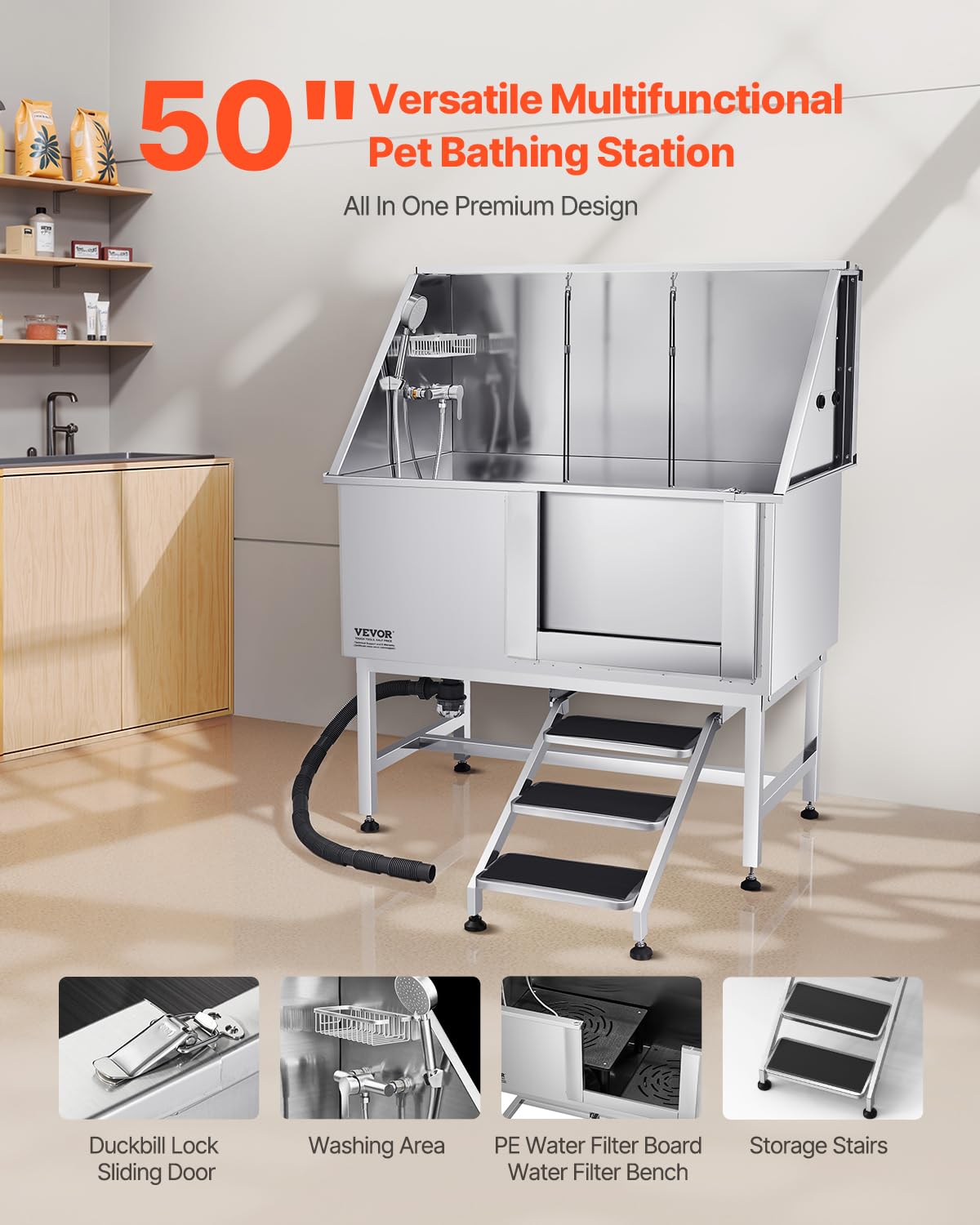 Stainless Steel 50 inch Dog Washing Station with Stairs L50116