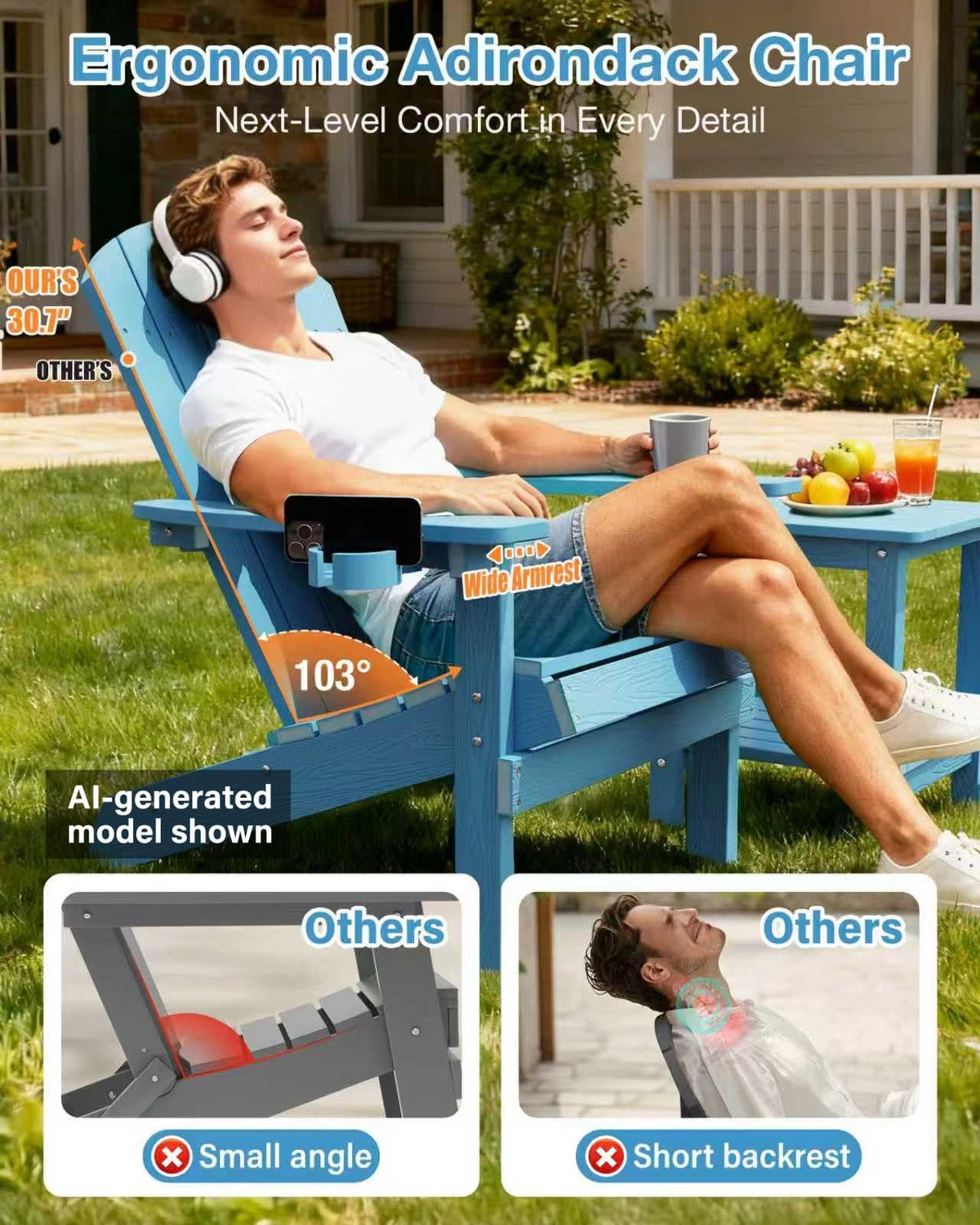 Blue Adirondack Chair with Cup Holder O4012