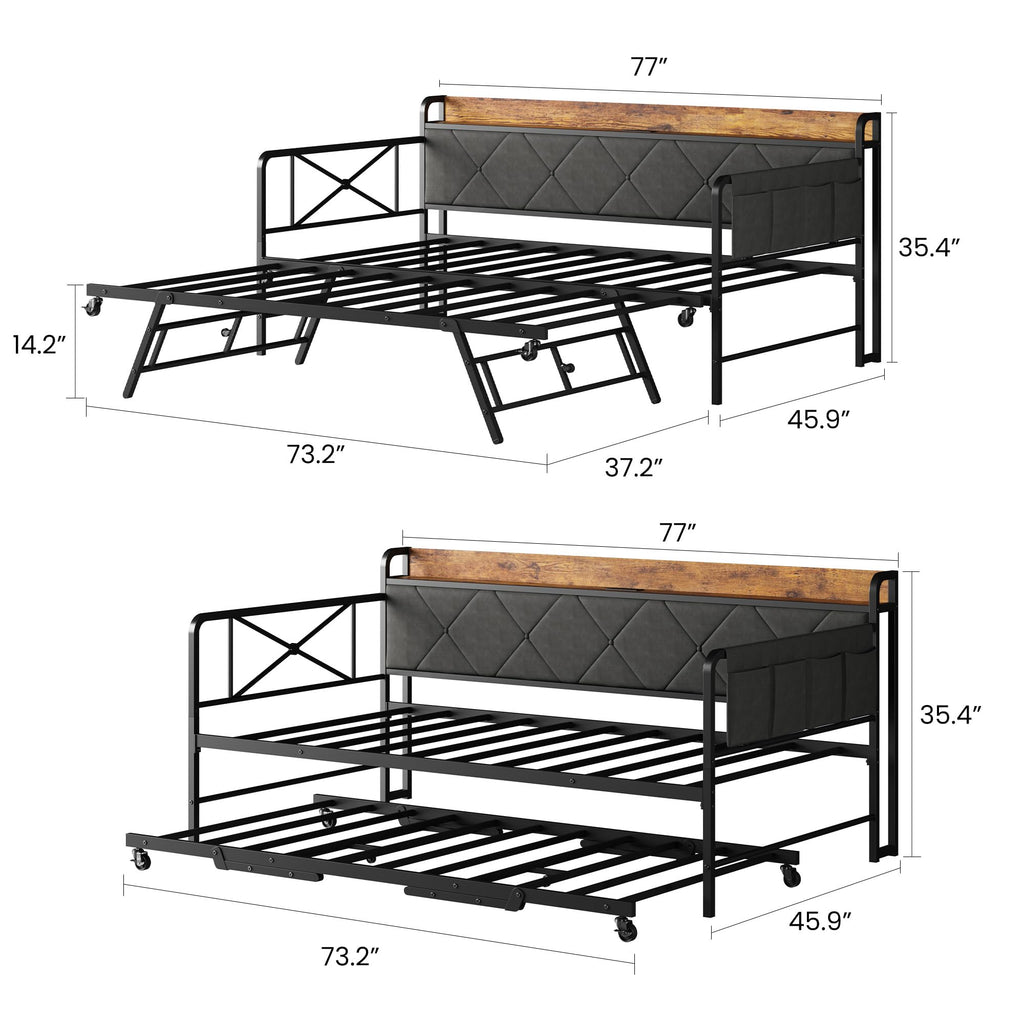 Twin Daybed with Upholstered Headboard and Trundle, Black J444623