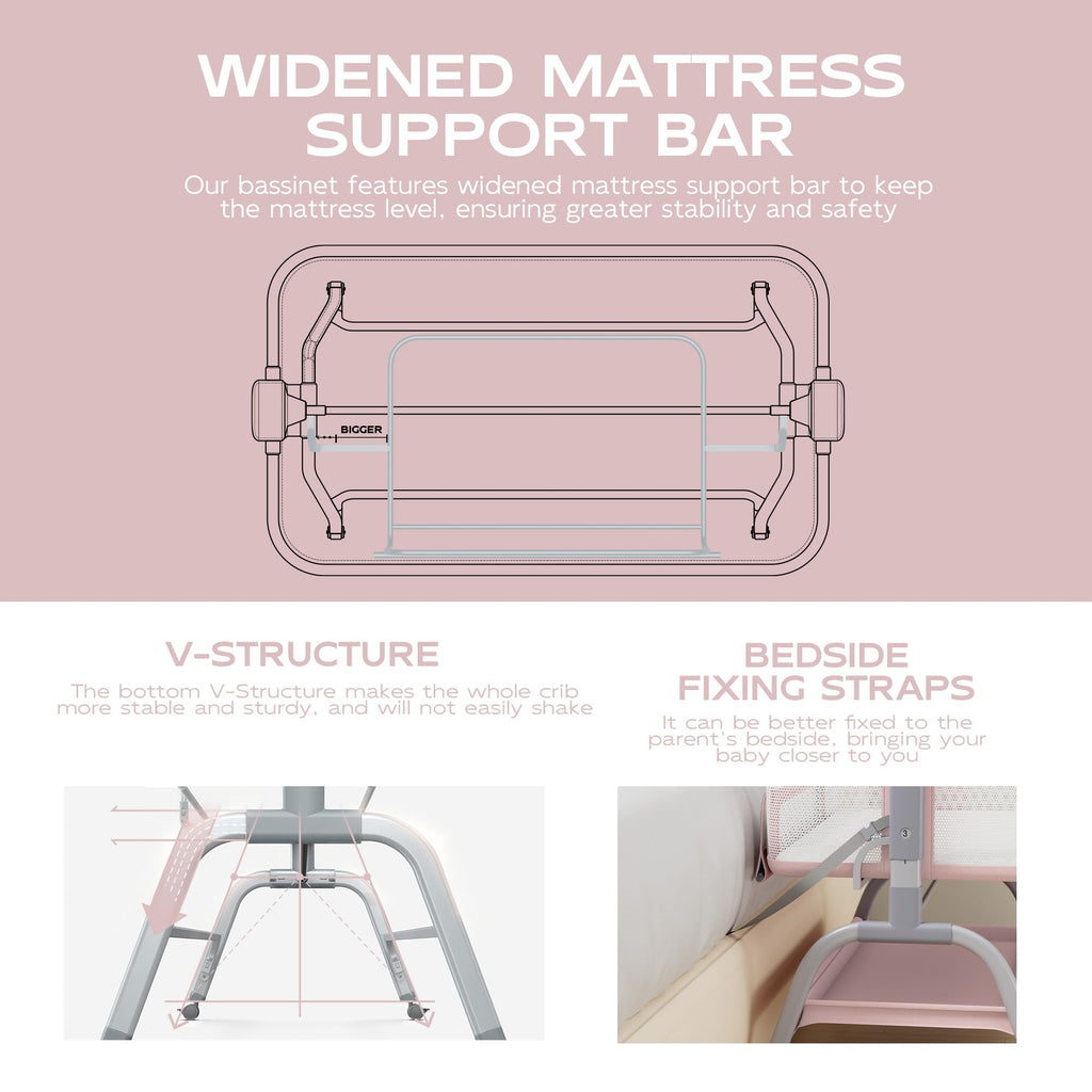 Baby Bassinet Bedside Crib with Mattress & Sheet, 4-Sided Mesh, Pink I986