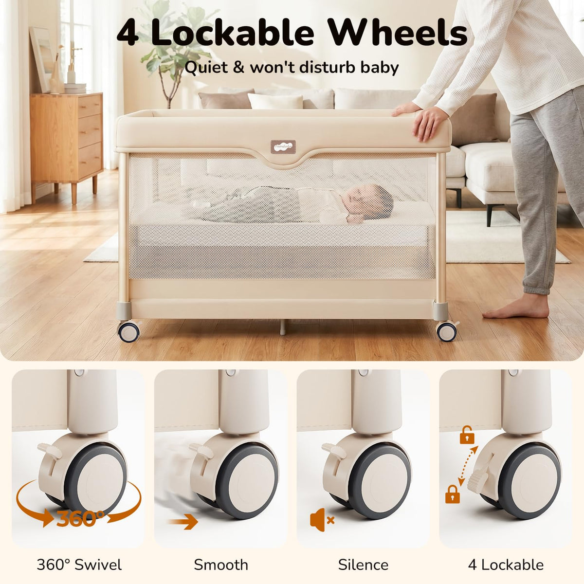 6-in-1 Pack and Play with Bassinet, Portable Playard, Travel Crib with Mattress, Changing Table, Storage Bag & 4 Wheels (Beige) B6871