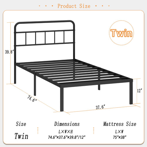 12 inches Twin Bed Frame with Minimalist Headboard, Black V974