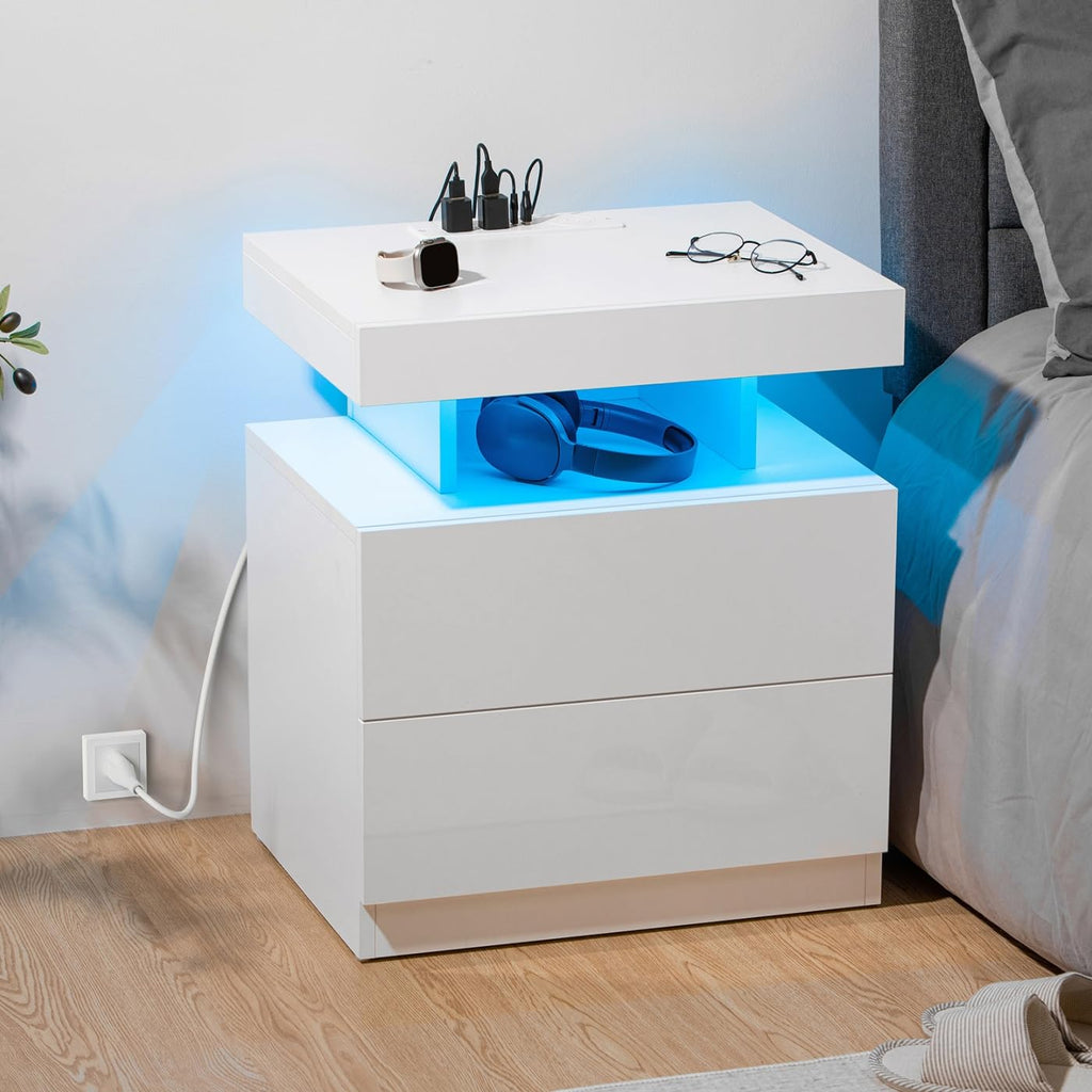 White High Gloss 2 Drawer Nightstand with LED Light G4738