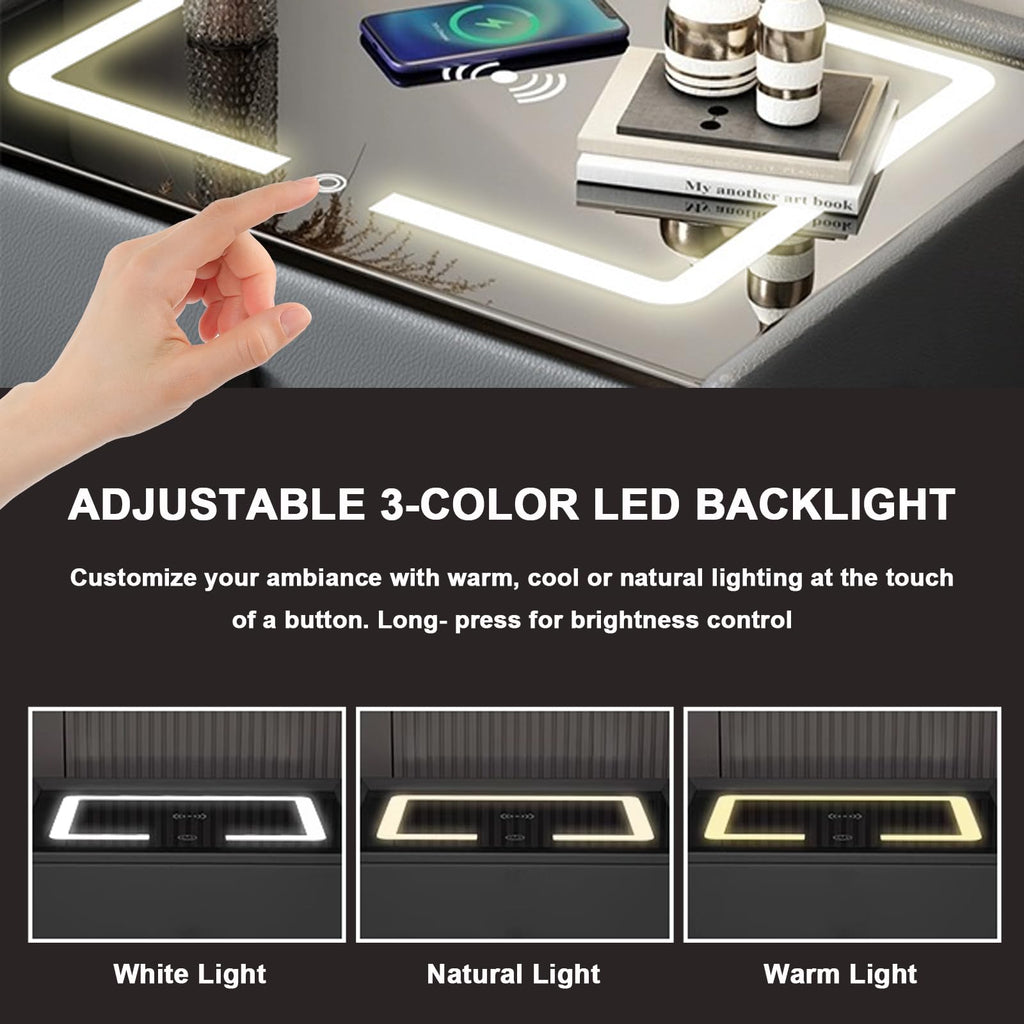 White 3 Drawer Smart Nightstand with Wireless Charging and LED Lights I4179