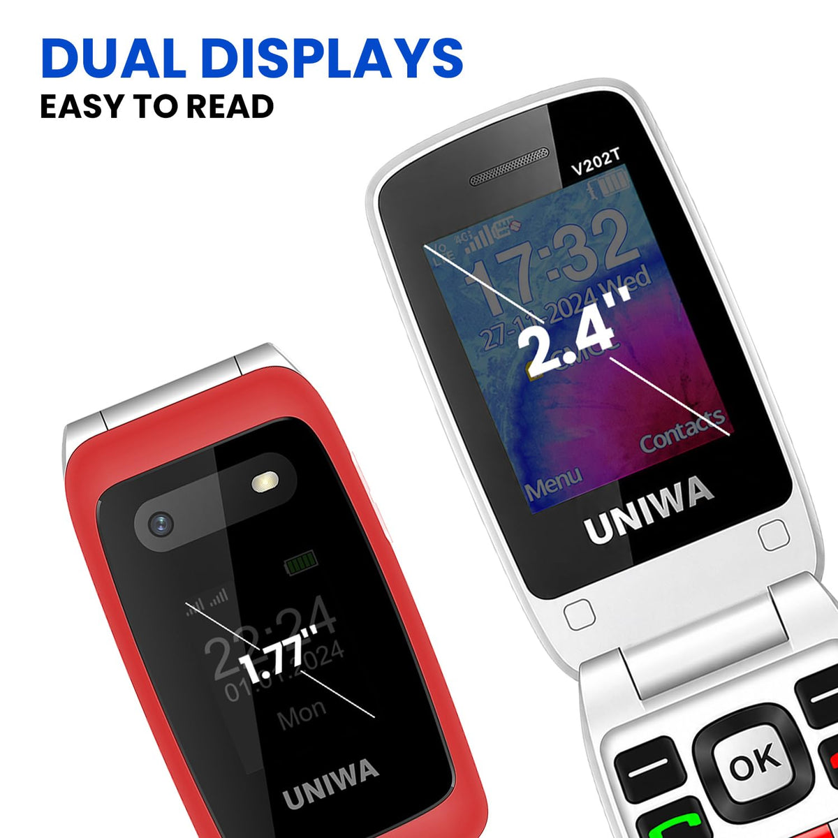 4G Flip Phone Unlocked Dual Screen 2.4"+1.77" Red Y6264