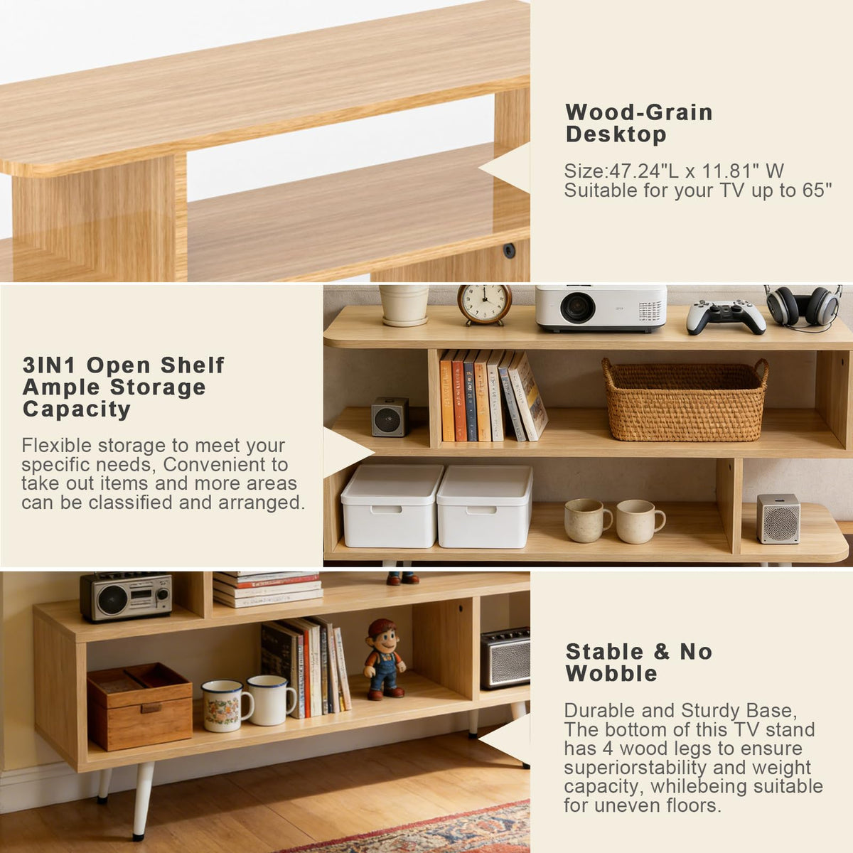 TV Stand with 3 Open Storage Shelf S321