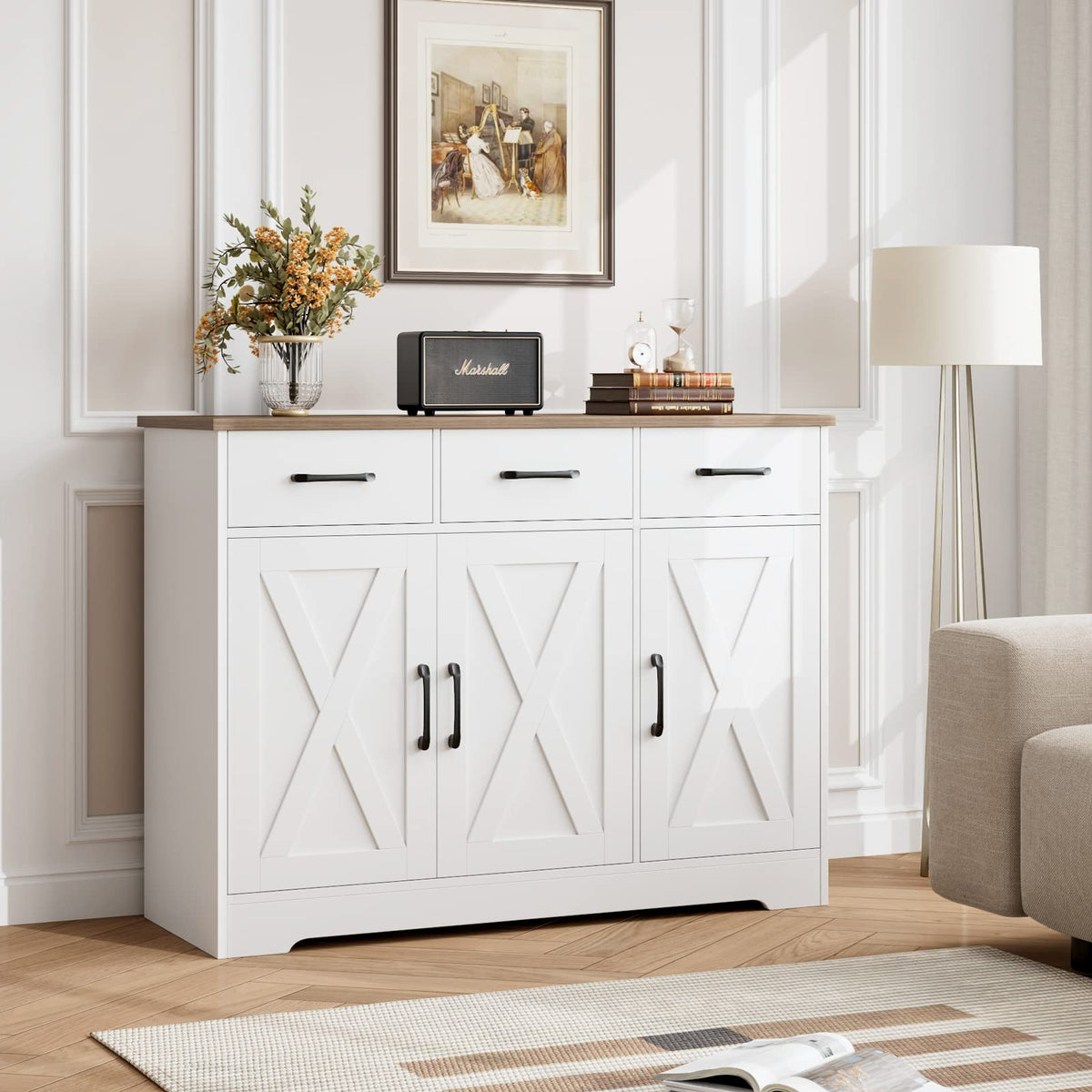 White Kitchen Buffet Cabinet with Storage E606338