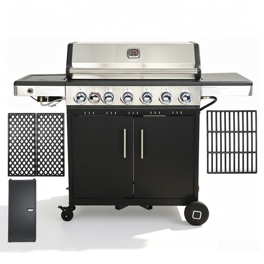 6-Burner Propane Gas Grill with Cast Iron Grates & Griddle, 54,600 BTU, Black W4216