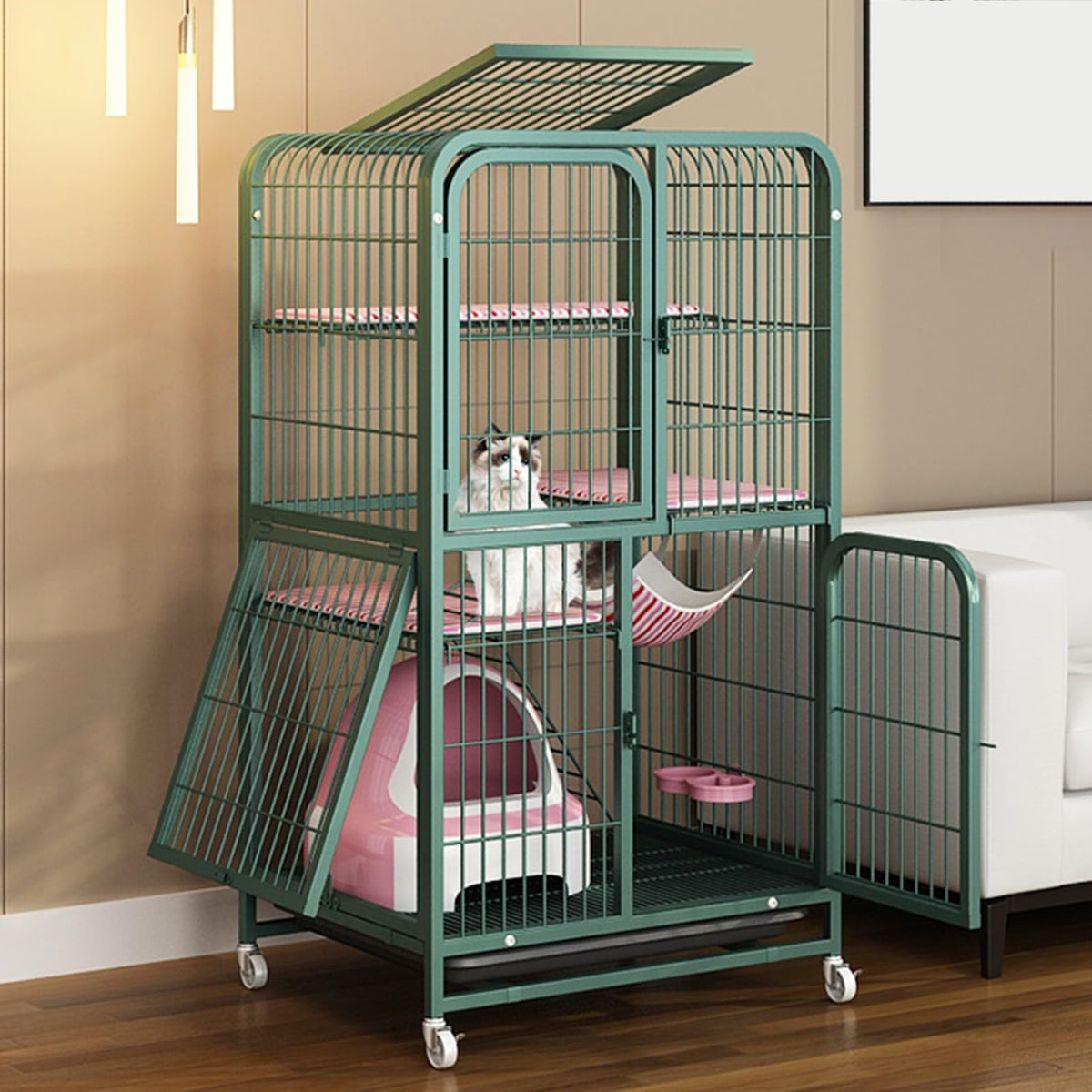 4-Tier Metal Cat Enclosure with Removable Tray & Wheels B7612