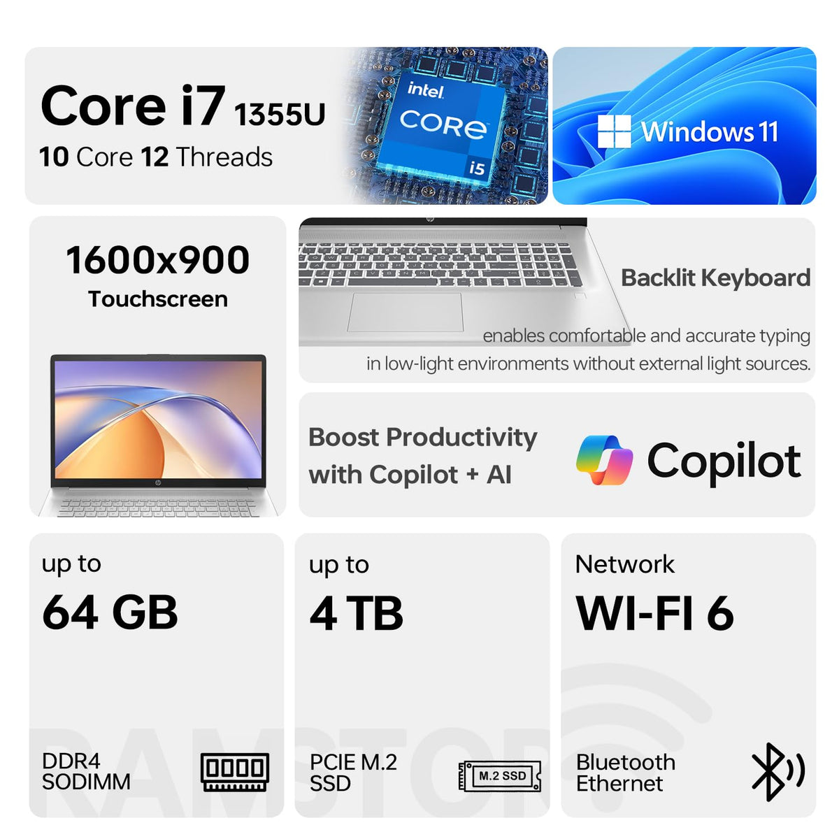 17.3" HD+ Touchscreen Laptop, 12th Gen Intel Core i7, 64GB RAM, 2TB SSD, Silver M66883