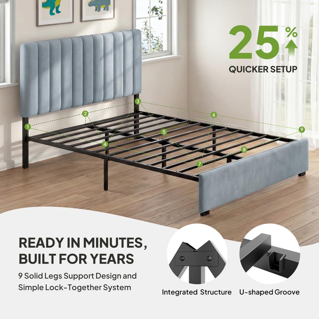Full Size Blue Velvet Upholstered Bed Frame Z99982