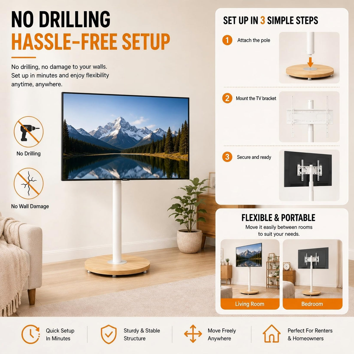 White Rolling Swivel tv Stand Q95540