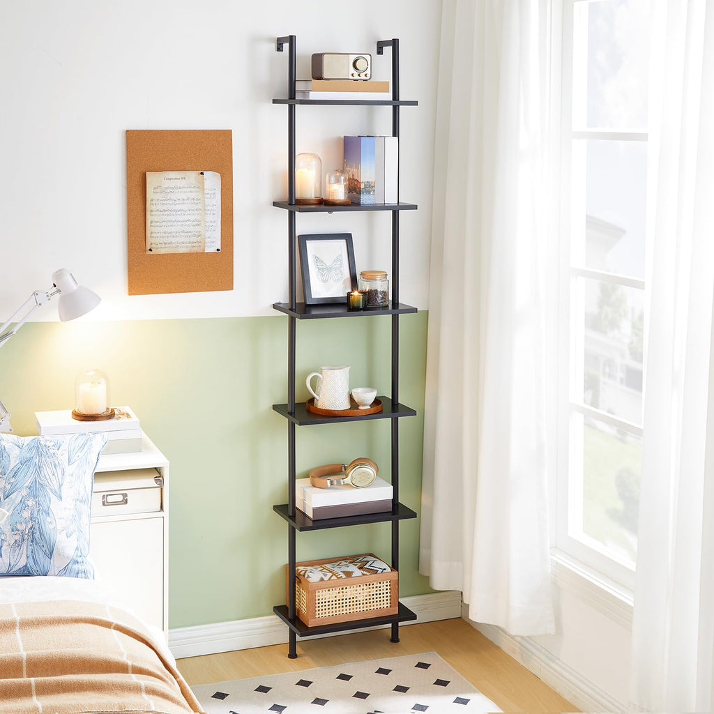 Black 6-Tier Wooden Wall Mounted Ladder Shelf G31106