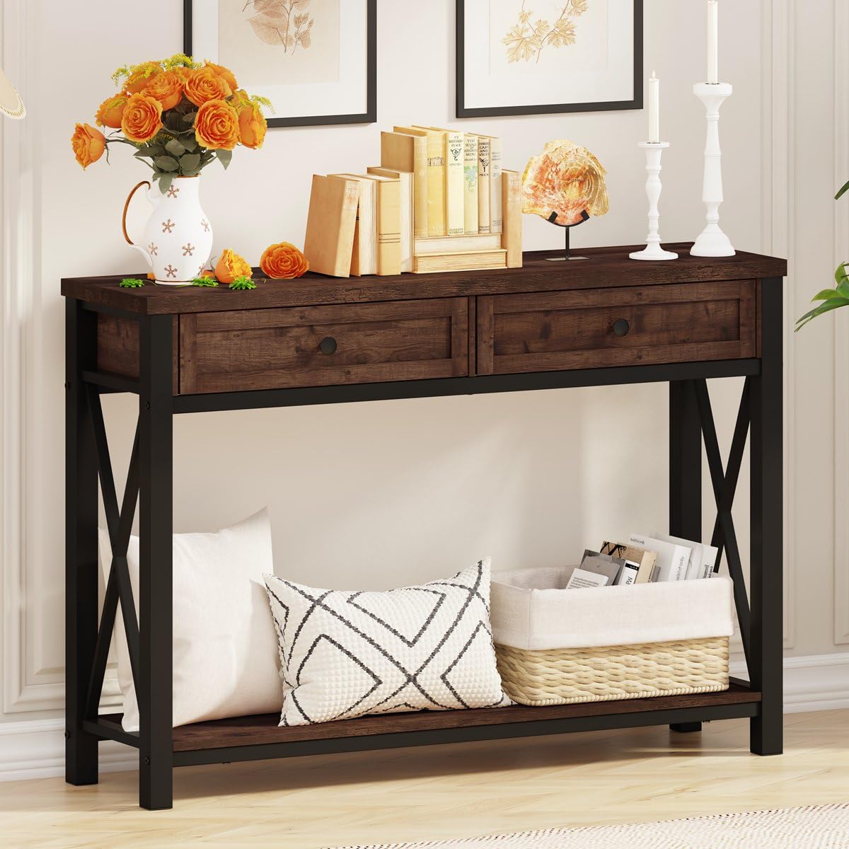 Rustic Console Table with 2 Drawers and 4-Tier Ladder Shelf X87366