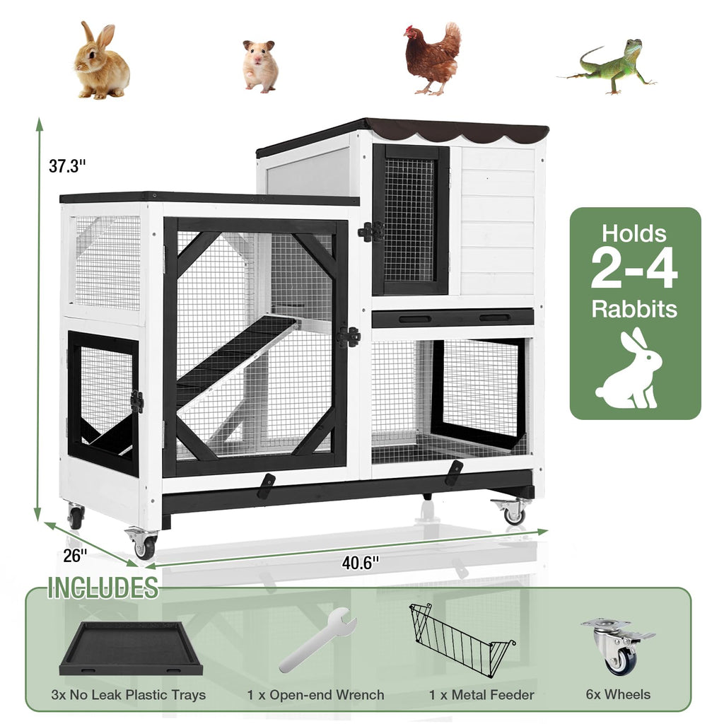 Large 2-Tier Rabbit Hutch with Wheels and Waterproof Roof E18381