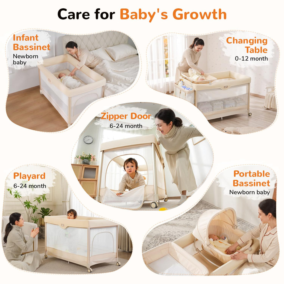 6-in-1 Pack and Play with Bassinet, Portable Playard, Travel Crib with Mattress, Changing Table, Storage Bag & 4 Wheels (Beige) B6871