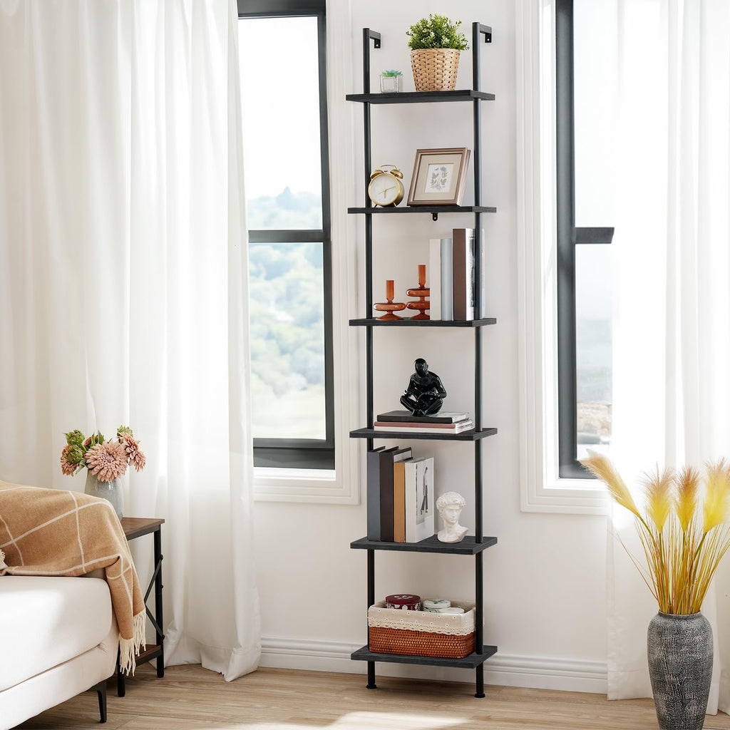 Black 6-Tier Wooden Wall Mounted Ladder Shelf G31106