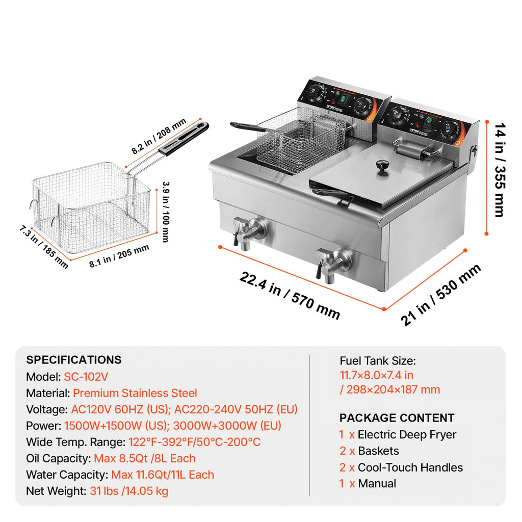 3000W Dual Tank Stainless Steel Electric Deep Fryer L6032