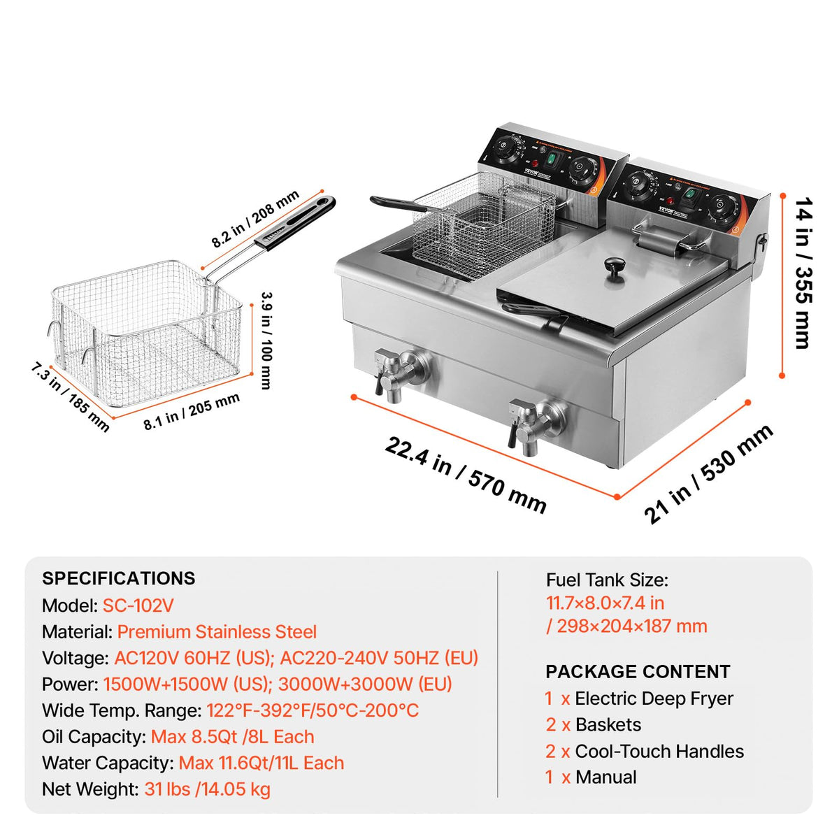 3000W Dual Tank Stainless Steel Electric Deep Fryer L6032