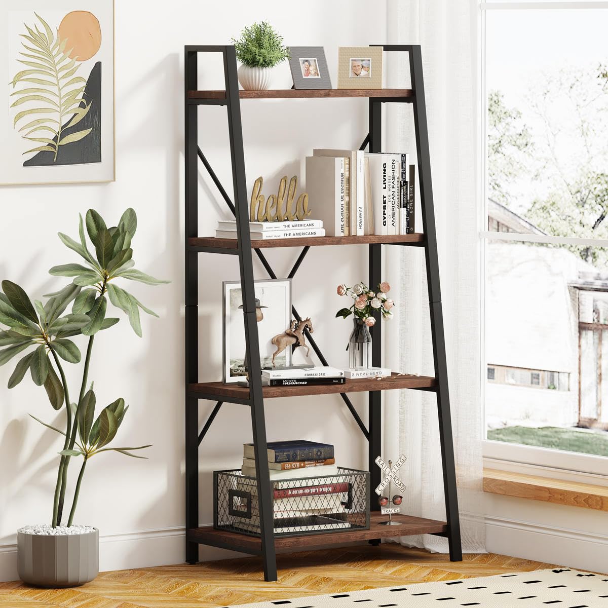 Rustic Console Table with 2 Drawers and 4-Tier Ladder Shelf X87366