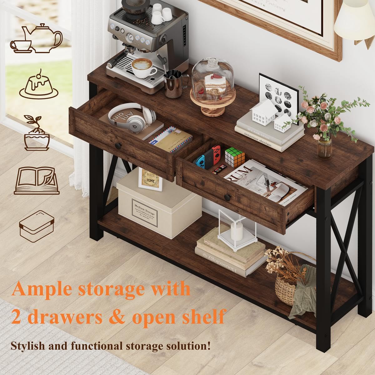 Rustic Console Table with 2 Drawers and 4-Tier Ladder Shelf X87366