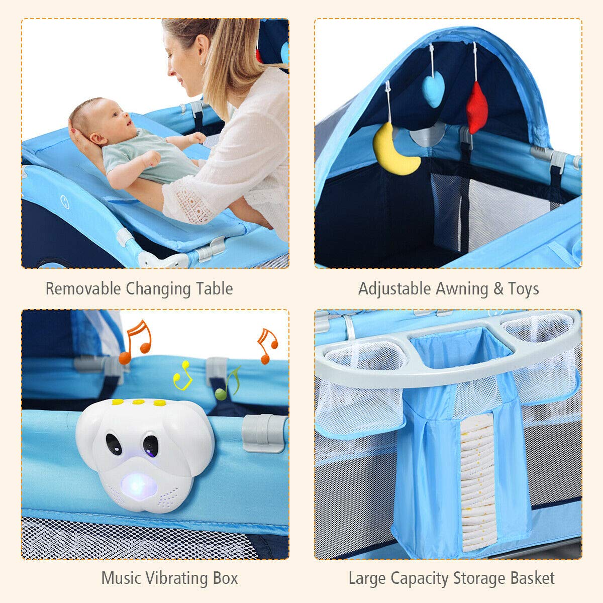 4-in-1 Portable Baby Playard with Bassinet and Changing Table A39028