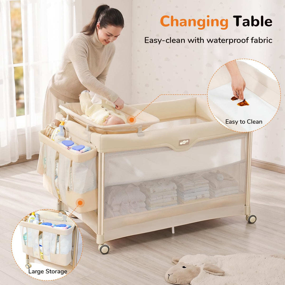 6-in-1 Pack and Play with Bassinet, Portable Playard, Travel Crib with Mattress, Changing Table, Storage Bag & 4 Wheels (Beige) B6871
