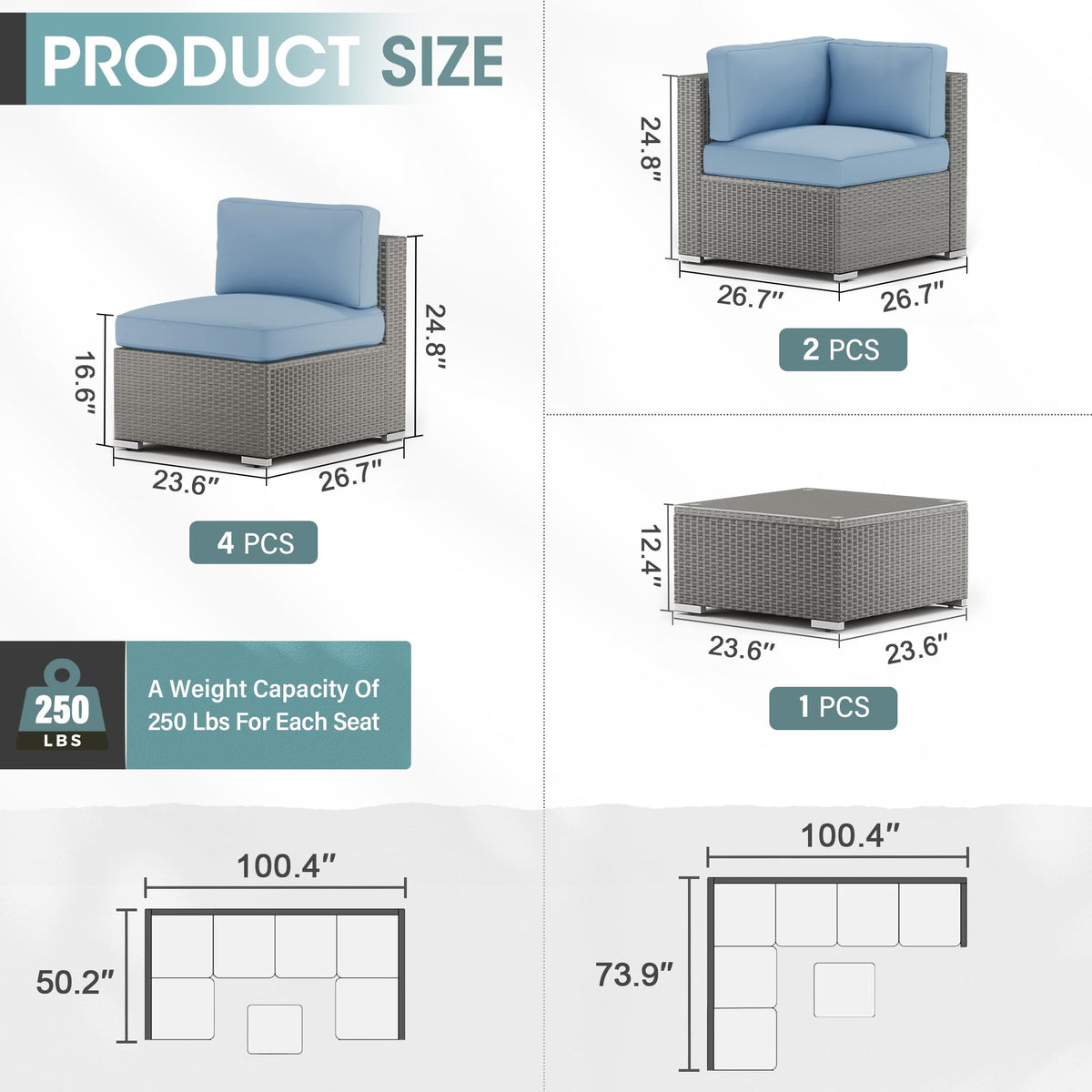 7 Piece Grey Wicker Rattan Patio Furniture Set with Glass Coffee Table T264922