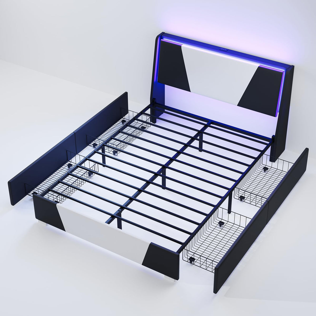 Full Size Bed Frame with Led Lights and 4 Storage Drawers R6022