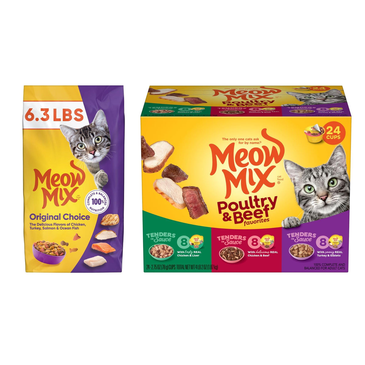 Dry Cat Food 6.3 Pound Bag + Wet Cat Food Variety Pack 2.75 Ounce Cups (Pack of 24) G84890