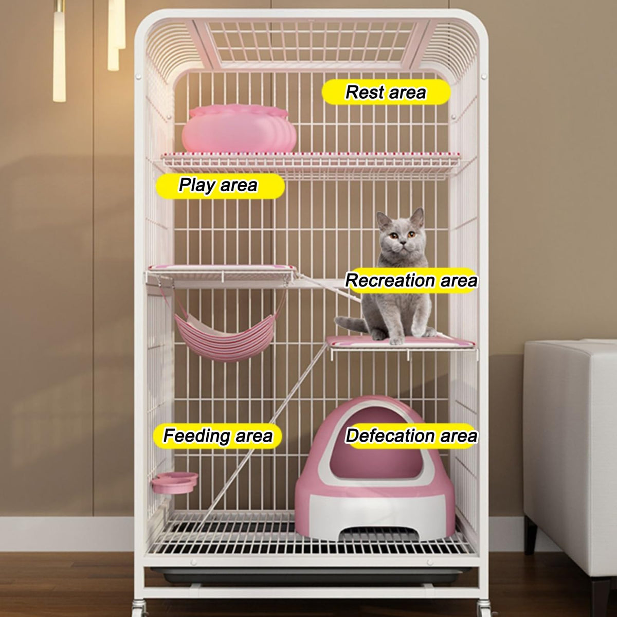 4-Tier Metal Cat Enclosure with Removable Tray & Wheels B7612
