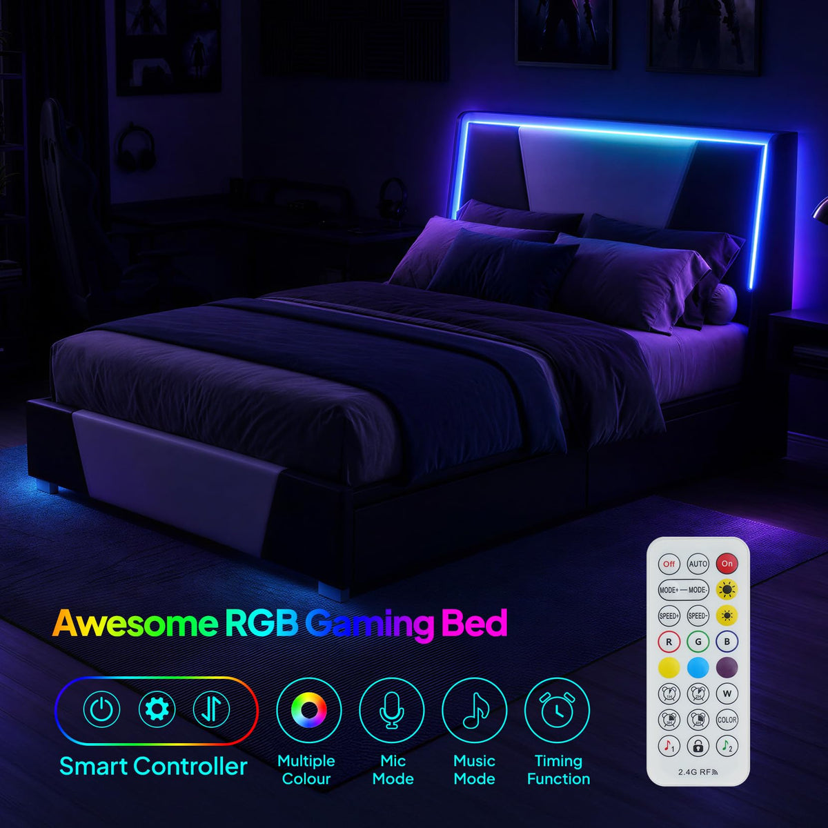 Full Size Bed Frame with Led Lights and 4 Storage Drawers R6022