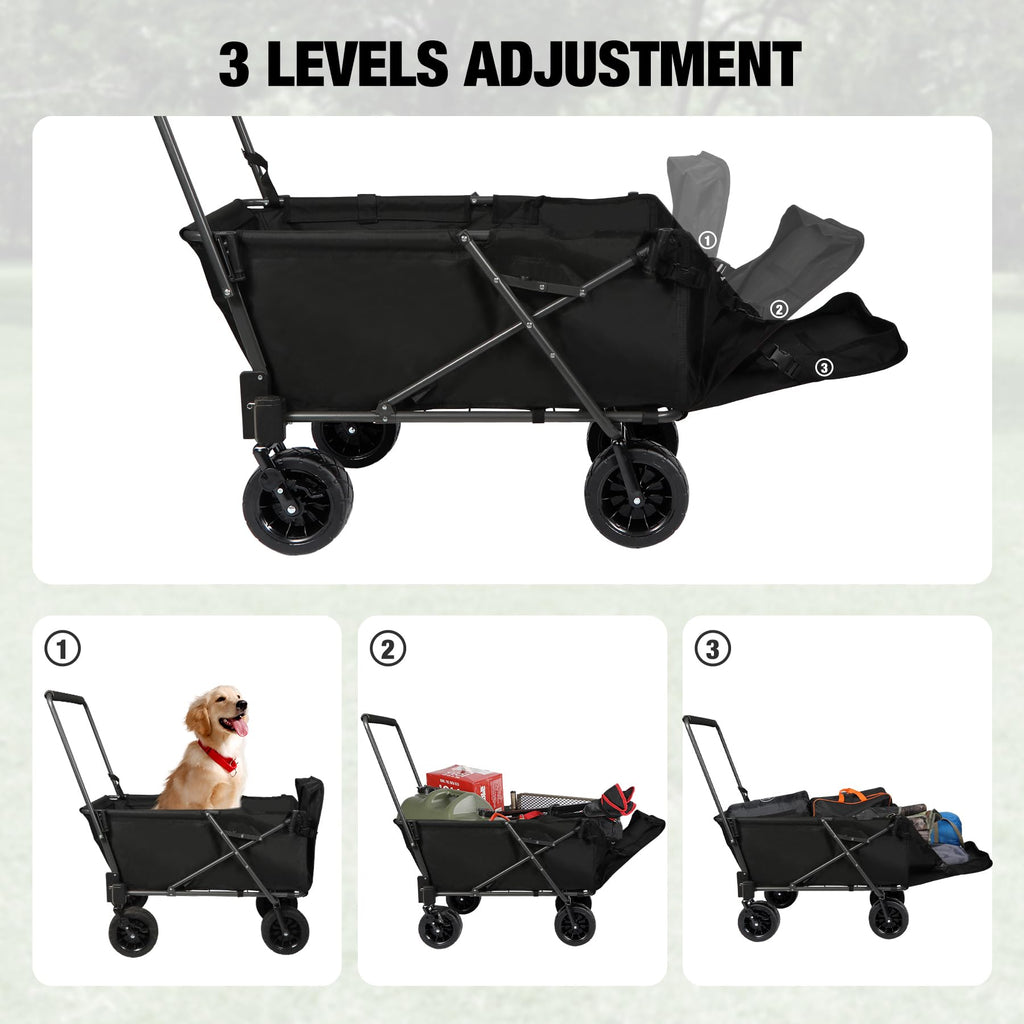Folding Dog Wagon Cart with Extendable Rear End, 220L Collapsible Utility Cart, Black Y422